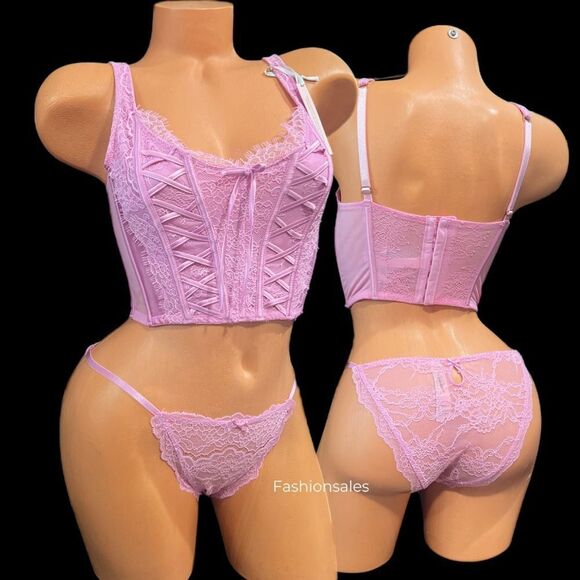 Victorias Secret Dream Angels Lace-up Corset Top Bra & String Bikini Set Pink - Picture 1 of 6